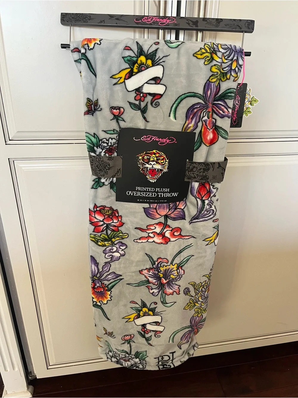 Ed Hardy Floral Printed Plush Oversized Throw Blanket- Light Gray